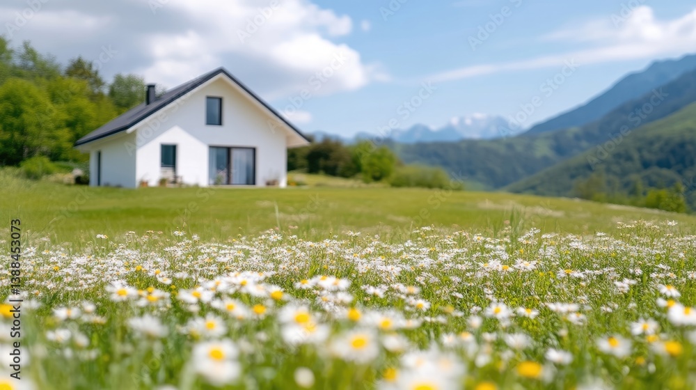 A quaint white house standing alone in a vast meadow filled with blooming wildflowers, picturesque mountain backdrop, and serene and peaceful countryside setting. A quaint white house standing alone in a vast meadow filled with blooming wildflowers, picturesque mountain backdrop, and serene and peaceful countryside setting.