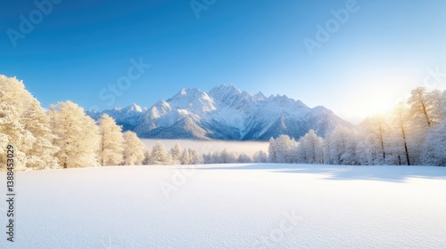 A snow-covered landscape features a majestic, snow-capped mountain range in the background. Foreground shows a field of pristine snow and frost-covered trees. The image is high-resolution with bright