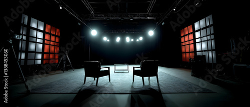 Dimly lit stage set up for a TV show with an empty game talk setup