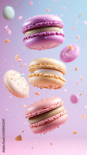 Macarons de sabores variados com granulados flutuando sobre fundo rosa e azul suave