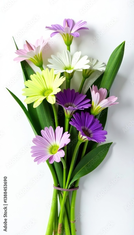 Green and purple flower arrangement isolated on a white surface, flowers, bouquet, floral Green and purple flower arrangement isolated on a white surface, flowers, bouquet, floral