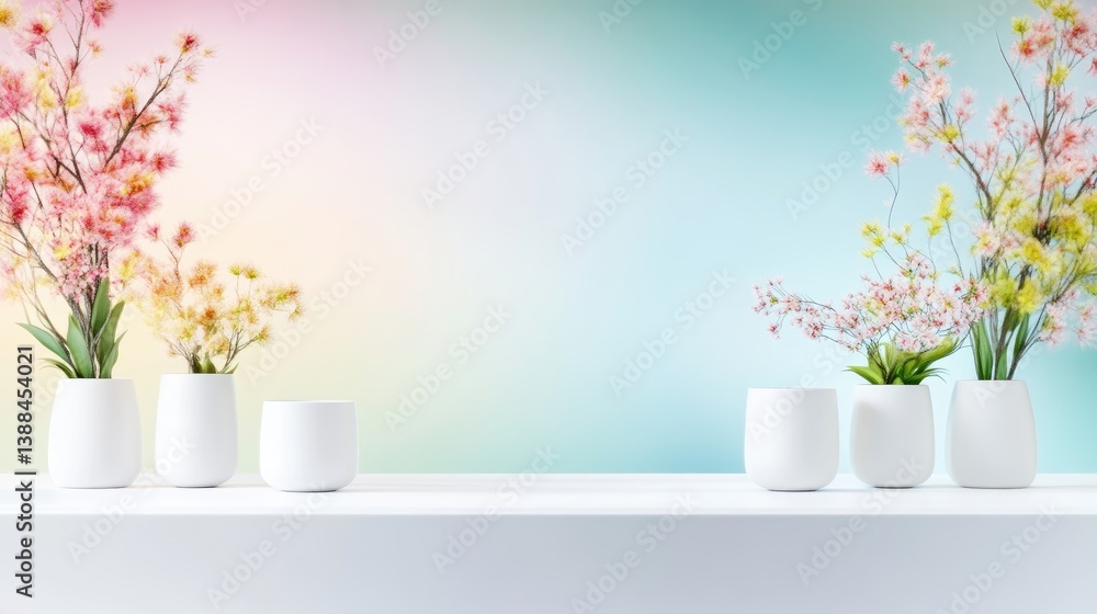 Flower Arrangements in White Pots Pastel Spring Style High-resolution Soft Lighting Horizontal Close-up View Minimalist Decor Peaceful Serenity Ideal for Home Decor Websites Flower Arrangements in White Pots Pastel Spring Style High-resolution Soft Lighting Horizontal Close-up View Minimalist Decor Peaceful Serenity Ideal for Home Decor Websites