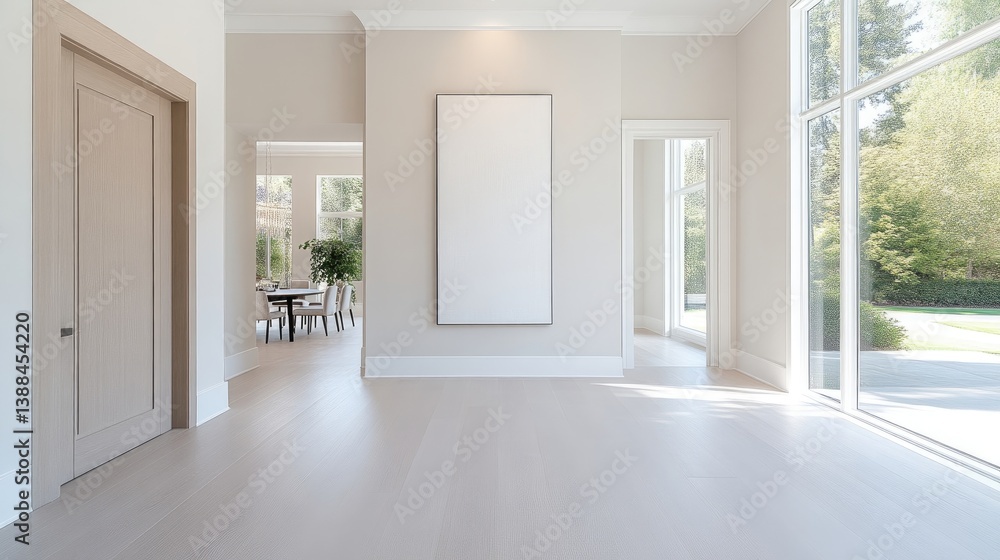 Obraz premium Spacious, light-filled hallway leading to dining area. Large windows showcasing outdoor views