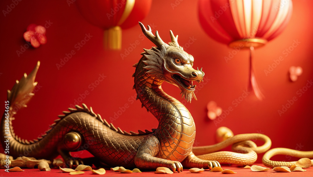 Fototapeta premium Golden Dragon with Red Lanterns and Petals