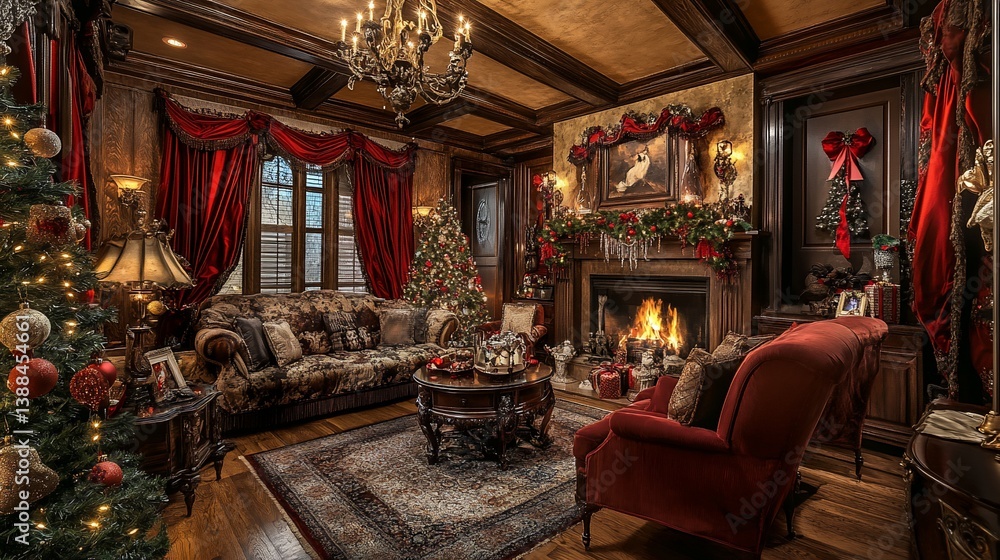 Fototapeta premium Elegant christmas living room with a fireplace and ornamented christmas tree