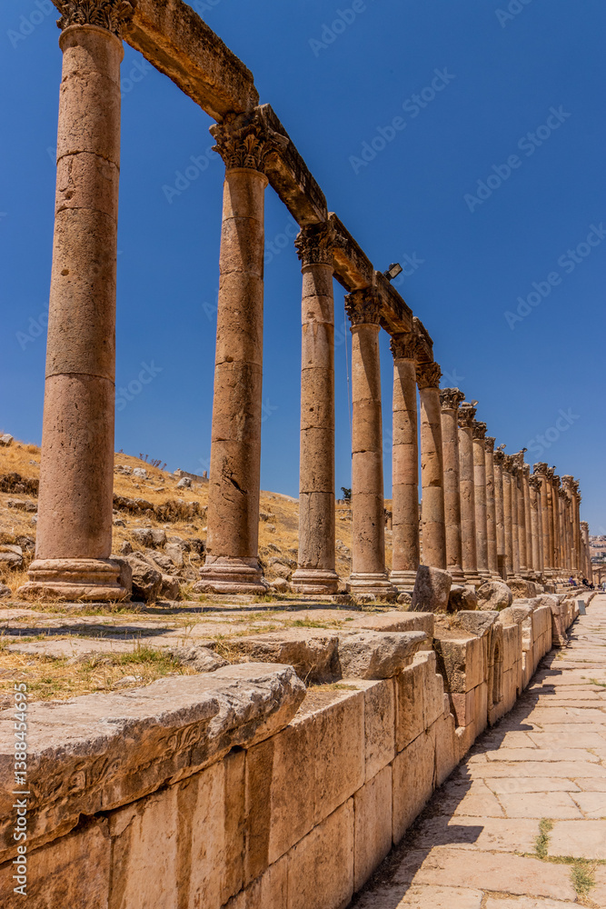 Colonnaded street (Cardo Maximus) columns in Jerash, Jordan