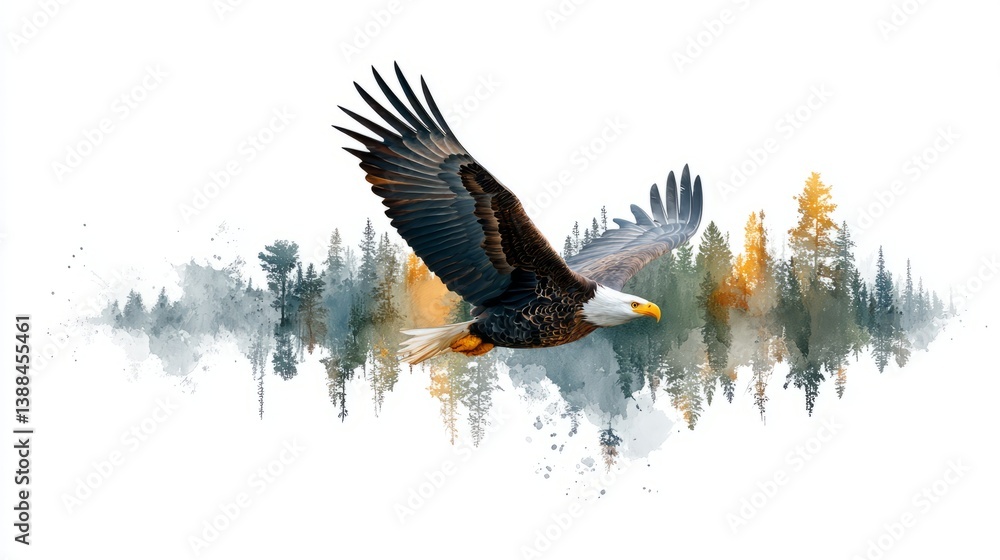 Obraz premium Generic Bald Eagle Scene Watercolor Soaring Lake Over