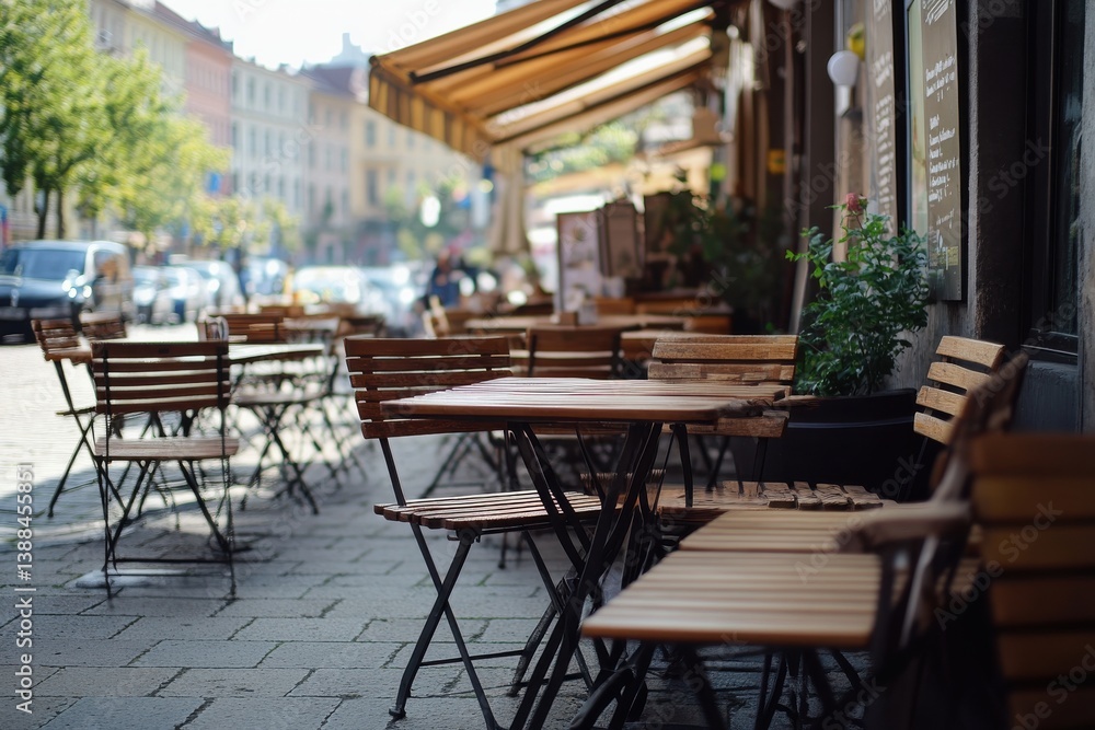 Fototapeta premium Vibrant Outdoor Cafe Setting with Stylish Tables and Chairs Ideal for Relaxation and Social Gatherings