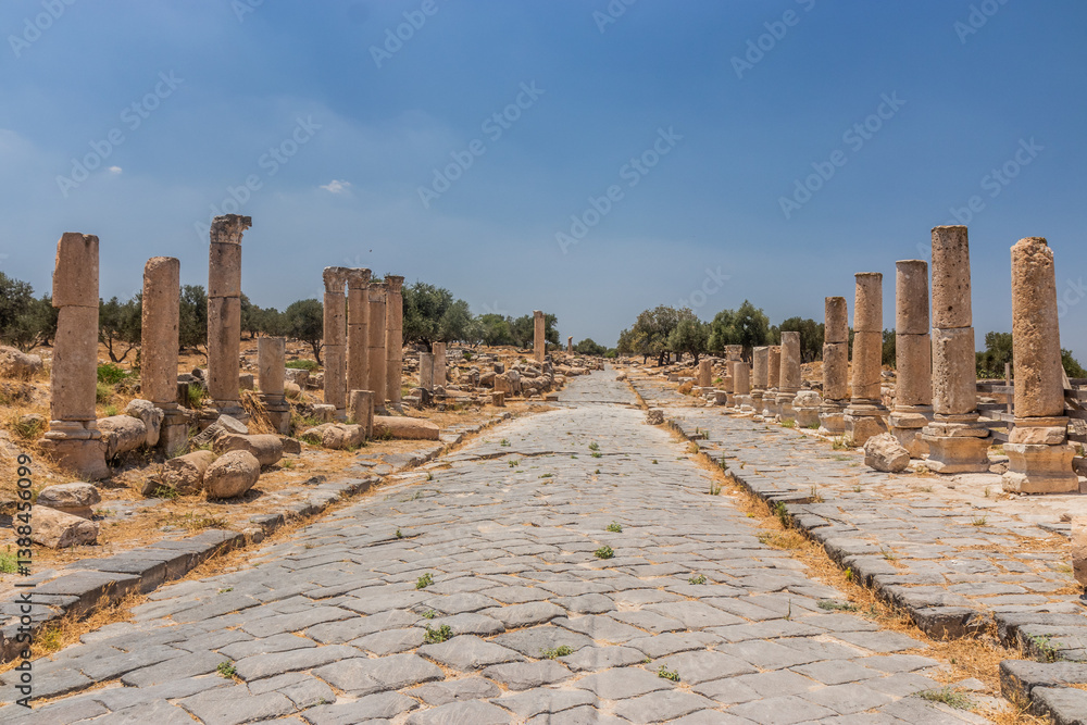 Decumanus Maximus street ruins in Umm Qais (Gadara), Jordan