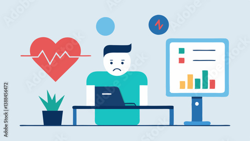 Heartbeat Monitor A heart rate monitor showing a spike in heart rate and stress levels with an unhappy worker sitting at a desk surrounded by paperwork and digital notifications.