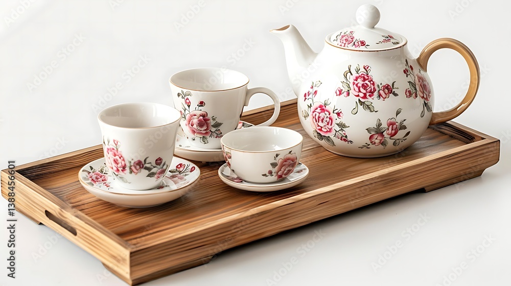 Fototapeta premium Traditional tea set on a wooden tray, minimal style, soft lighting