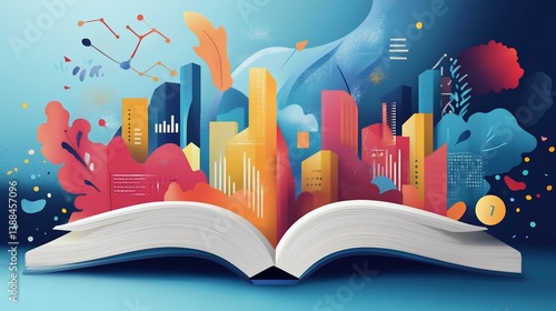 Open book revealing a colorful cityscape of knowledge and opportunity