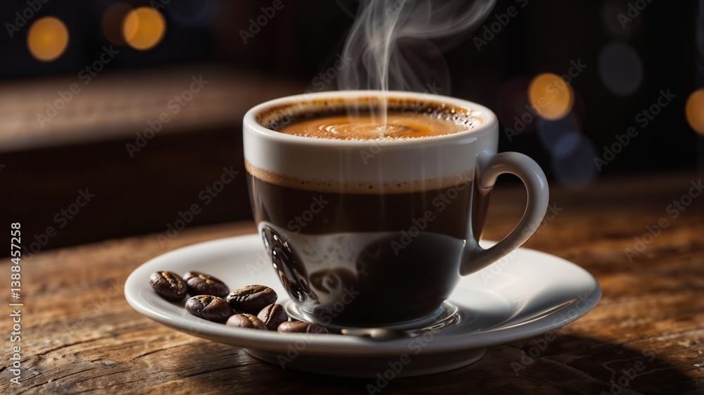 Artistic Espresso Shot with Steam and Bokeh in Cozy Café Ambience Artistic Espresso Shot with Steam and Bokeh in Cozy Café Ambience