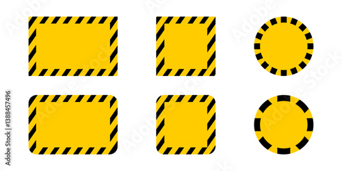 Square, round and rectangle frames with caution tape borders and blank space. Attention, stop or forbidden sign templates. Danger, restricted or warning banners. Vector flat illustration.