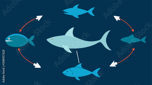 Food Web Disruption A diagram of a marine food web showing where overfishing affects different species with arrows highlighting the connections between predator and prey.