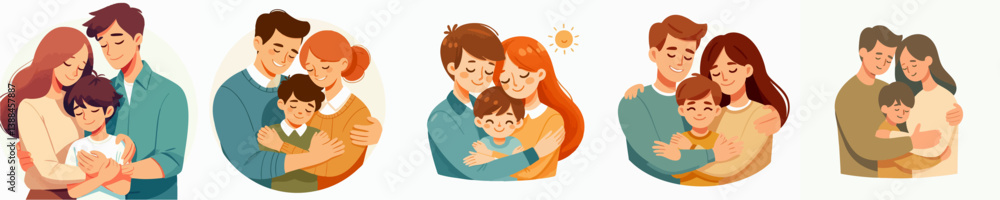 Warm family hug vector collection of mother father and child Warm family hug vector collection of mother father and child
