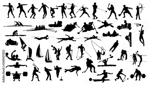 Silhouette Spectacle: An array of athletic figures, rendered in stark silhouette, engage in a diverse range of sports and activities, showcasing human skill and dedication in a monochrome panorama.