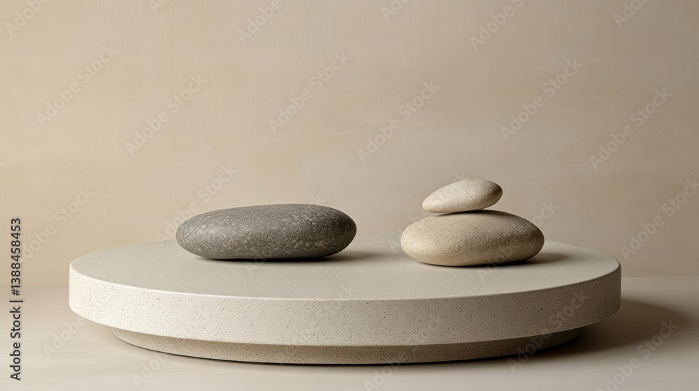 Stacked stones on a round platform, minimalist aesthetic, beige background. Possible use stock photo Stacked stones on a round platform, minimalist aesthetic, beige background. Possible use stock photo