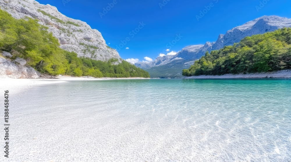 Fototapeta premium Crystal-Clear Lake with Mountain Shores Vibrant Summer Style High-Definition Landscape Wide-Angle View Shallow Water Serenity Majestic Alps Bright Sunny Mood Tourism Advertisement