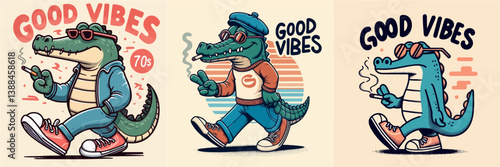 Cool crocodile vector collection wearing shoes with a relaxed face walking while holding a cigarette butt