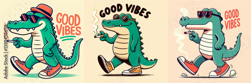 Cool crocodile vector collection wearing shoes with a relaxed face walking while holding a cigarette butt