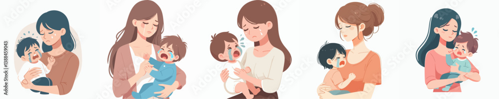 vector set of parents calming their crying child vector set of parents calming their crying child