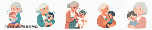 Vector collection of grandfather or grandmother holding his crying grandson