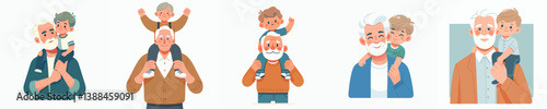 vector set of grandfather carrying his grandson on his shoulder