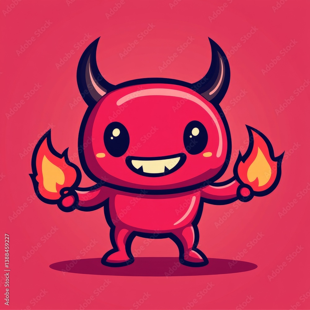 Logo, vector logo of a cartoon character: a happy, red devil with horns and fire in hand, smiling and standing on two legs, looking at the camera. Logo, vector logo of a cartoon character: a happy, red devil with horns and fire in hand, smiling and standing on two legs, looking at the camera.