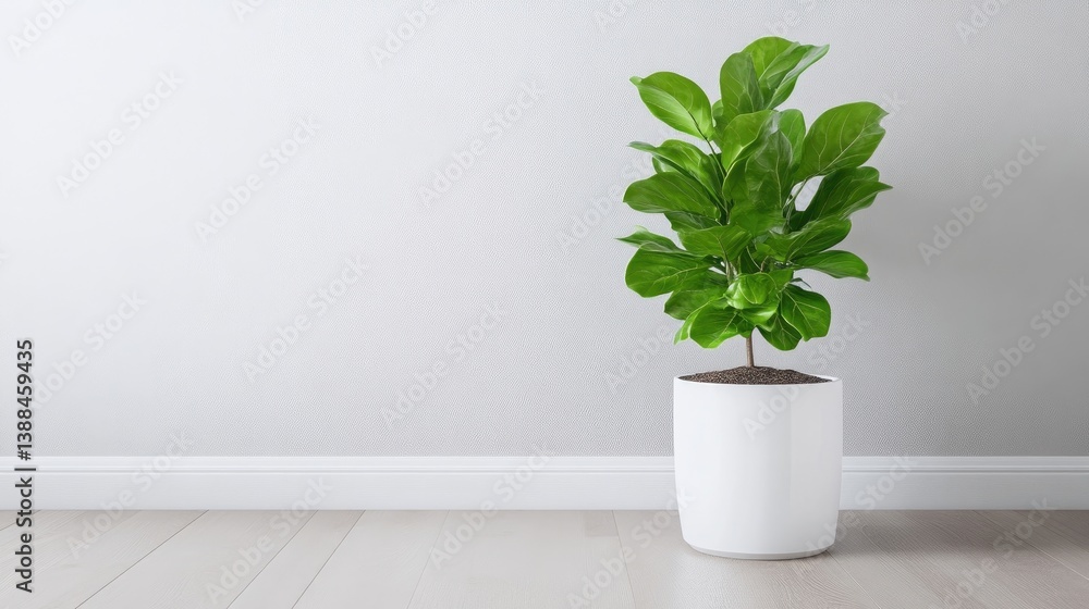 Fototapeta premium A fiddle-leaf fig plant in a white pot sits against a minimalist white wall. The image is simple, clean, and well-lit. The style is modern and calming. The color palette is muted, featuring greens