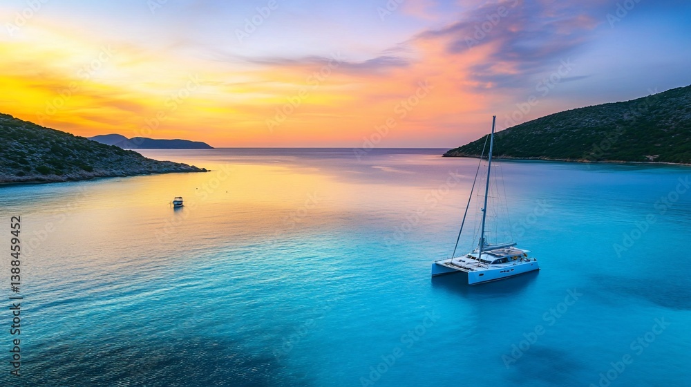Fototapeta premium Idyllic Seascape with a Catamaran Yacht Sailing at a Mesmerizing Sunset