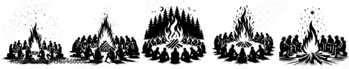 vector set of silhouettes of a group of people around a campfire
