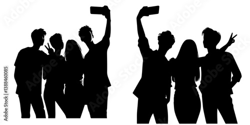 vector set of silhouettes of a group of friends taking a selfie together