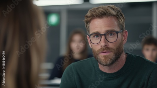 A young man with glasses and a beard wearing a green sweater looks attentively forward in a classroom setting.