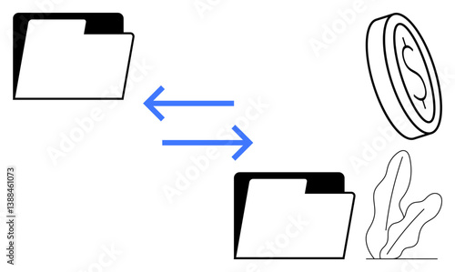 Two file folders connected with blue arrows, coin icon, and plant element for data transfer, financial exchange. Ideal for business, technology, finance, workflow, teamwork digital transactions