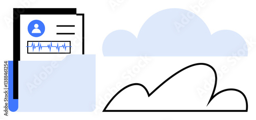 Folder holding medical files with health chart next to abstract cloud shape. Ideal for data security, cloud storage, digital health, recordkeeping, file sharing, online access, remote management