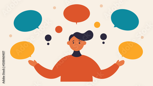 Juggling Thoughts A person attempts to juggle multiple thought bubbles filled with different worries such as What if and I should have... illustrating the chaos of overthinking.