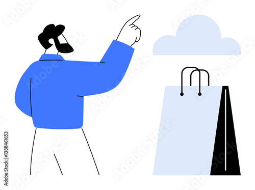 Man gesturing towards a cloud above a shopping bag, symbolizing online shopping, e-commerce, and digital services. Ideal for retail, digital marketing, cloud computing, technology, innovation