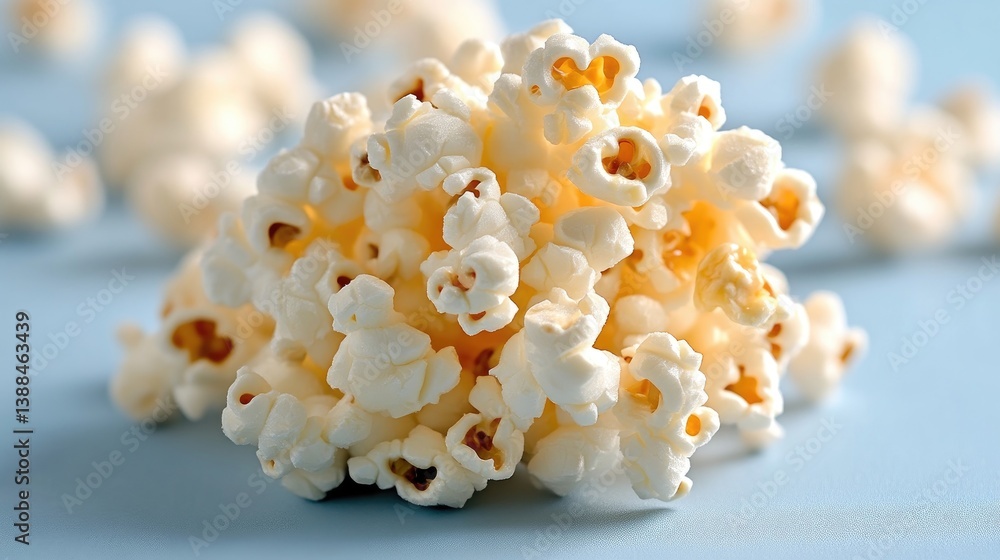 A fluffy mound of popcorn, light and airy, sits on a pale blue surface. Other popcorn pieces are softly blurred in the background, creating shallow depth of field. The image is high-quality, well-lit A fluffy mound of popcorn, light and airy, sits on a pale blue surface. Other popcorn pieces are softly blurred in the background, creating shallow depth of field. The image is high-quality, well-lit