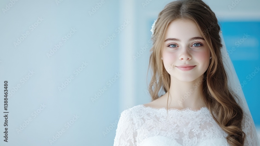 A young bride, elegantly dressed in a white lace gown, smiles gently. Her hair is styled in loose waves, adorned with delicate hairpieces. The soft lighting enhances her features. The image has a cl A young bride, elegantly dressed in a white lace gown, smiles gently. Her hair is styled in loose waves, adorned with delicate hairpieces. The soft lighting enhances her features. The image has a cl