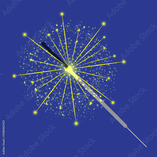 Vector Christmas Bengal light. Realistic sparkler light isolated on blue background. Festive bright firework. Element of decoration for celebration and holiday.