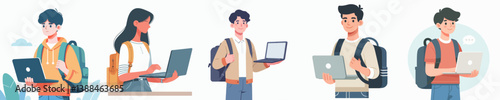 vector set of silhouettes of young men standing with laptops