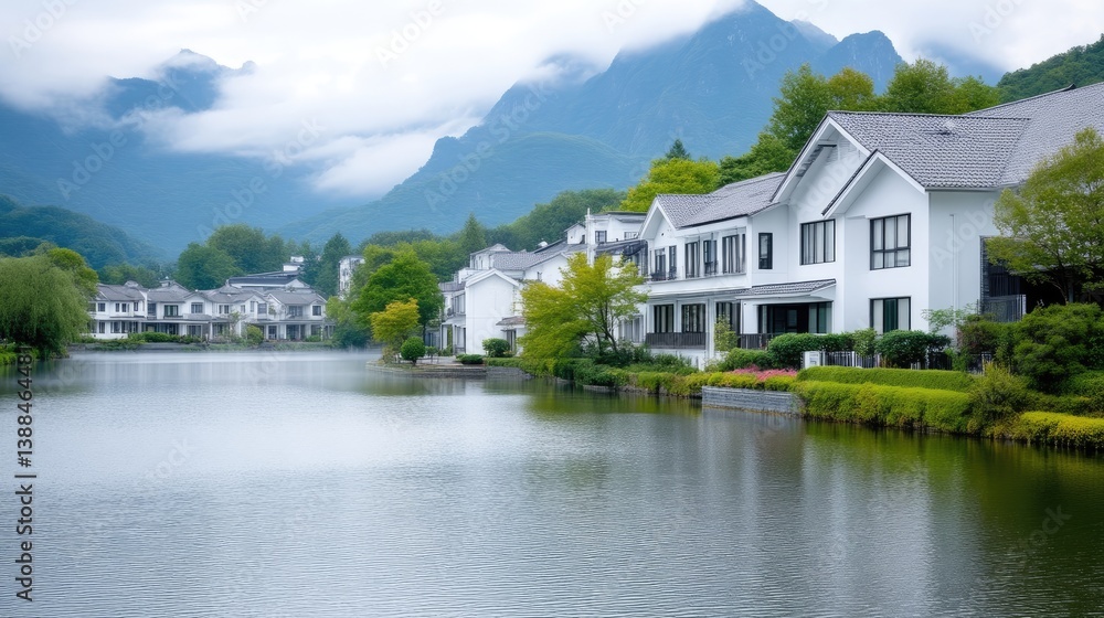 Tranquil lakefront homes nestled amidst misty mountains. Serene village nestled beside a calm lake. Modern architecture meets natural beauty Tranquil lakefront homes nestled amidst misty mountains. Serene village nestled beside a calm lake. Modern architecture meets natural beauty