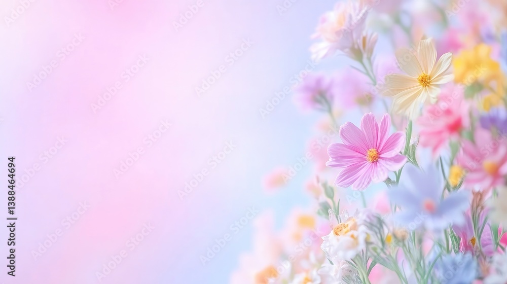 Pastel Cosmos Flowers Soft Bloom, Delicate Petals, Dreamy Soft Focus, Wide Landscape Shot, Gentle Light, Springtime Theme, Serene Beauty, Blurred Sky, Pastel Rainbow Hues, Ideal for Spring Greetings Pastel Cosmos Flowers Soft Bloom, Delicate Petals, Dreamy Soft Focus, Wide Landscape Shot, Gentle Light, Springtime Theme, Serene Beauty, Blurred Sky, Pastel Rainbow Hues, Ideal for Spring Greetings