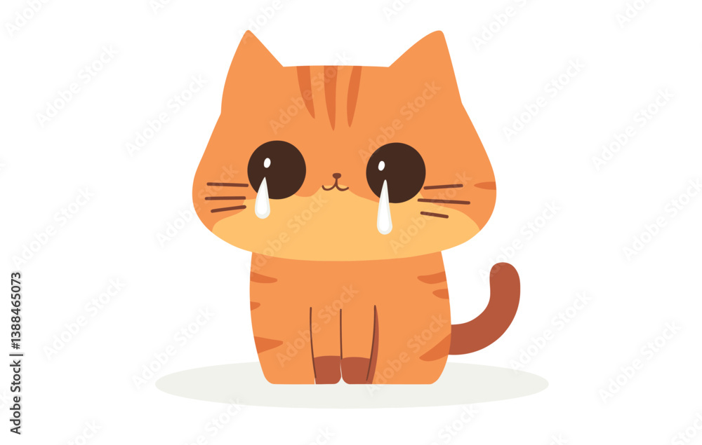 A modern flat illustration features an orange tabby cat with a sad expression