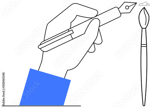 Close-up of a hand holding a fountain pen with a blue sleeve, alongside a brush. Ideal for creativity, art, writing, education, design, innovation inspiration themes. Flat simple metaphor