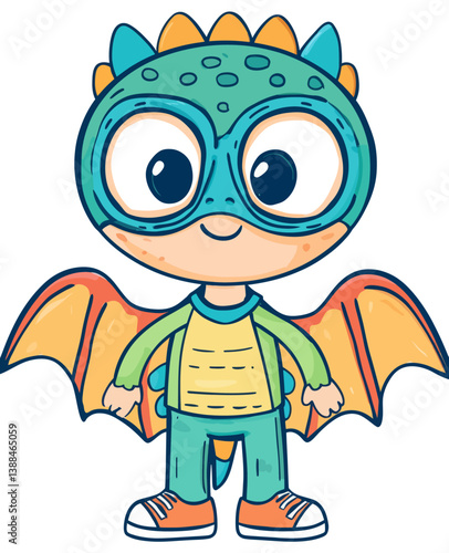 A child dressed in a dinosaur onesie featuring brown scales and lively wings is depicted in a modern flat design, embodying happiness and creativity in contemporary art