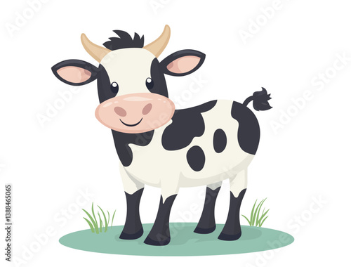 A black and white cow is depicted standing proudly in a grassy field, rendered in a modern, minimalistic flat design style of art
