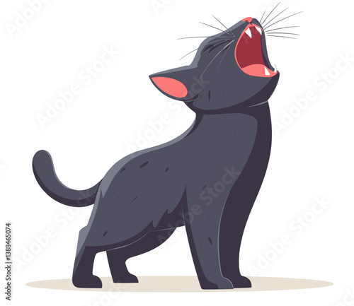 A cheerful black striped cat is depicted standing happily in a flat modern art style with a playful expression