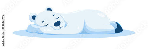 A polar bear is depicted in a playful pose, stretching lazily on a snowy surface, presented in a flat modern art style
